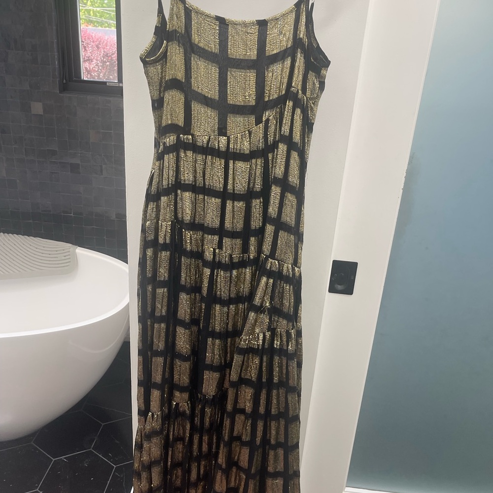Gold lamme and black checked maxi dress